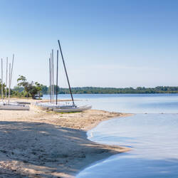 Biscarrosse : Plage de sable clair au bord d'un lac calme et bleu, avec plusieurs catamarans blancs stationnés sur le sable et une forêt visible à l'horizon sous un ciel bleu uniforme.