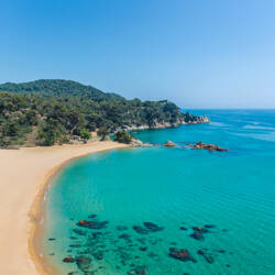 Espagne : Vue aérienne d'une plage de sable clair en arc de cercle bordée d'une eau turquoise transparente révélant des rochers sous-marins, avec une côte rocheuse et boisée s'étendant dans la mer sous un ciel bleu dégagé.