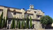 Façade latérale de la Collégiale Sainte-Croix de Montélimar, sous un ciel bleu, avec une rangée de cyprès au premier plan et un arbre feuillu à droite.