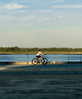 Cycliste sur un sentier le long de la côte, avec l'océan et la forêt en arrière-plan, sur l'Île de Ré.