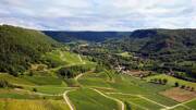 Parc Naturel du Haut Jura avec vue sur le paysage verdoyant avec des vignobles en terrasses et un village dans une vallée.