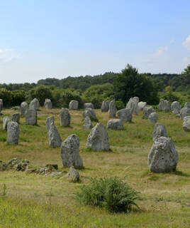 Les alignements de menhirs de Carnac, de grandes pierres dressées dans un champ verdoyant sous un ciel partiellement nuageux, avec des arbres en arrière-plan.