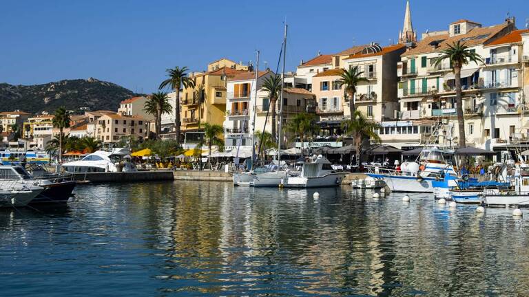 Le port de Porto-Vecchio en Corse, avec ses bateaux amarrés sur une eau calme, bordé par des bâtiments colorés, des restaurants en terrasse et des palmiers sous un ciel bleu intense.
