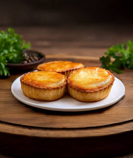 Trois tielles sétoises, des tourtes salées, présentées sur une assiette blanche et une planche en bois, spécialité culinaire de Sète.