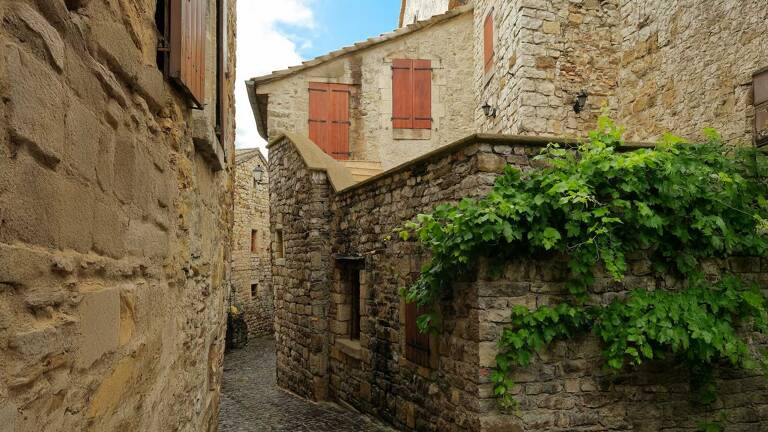 Rue étroite pavée bordée de bâtiments en pierre aux volets rouges, dans le centre historique de Vallon-Pont-d'Arc.