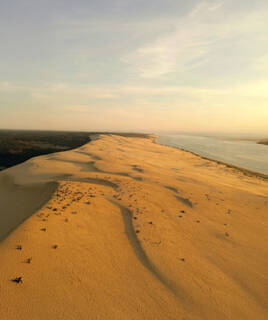 Panoramique de la Dune du Pilat au coucher du soleil, avec ses courbes de sable doré s'étirant entre la forêt et le Bassin d'Arcachon.