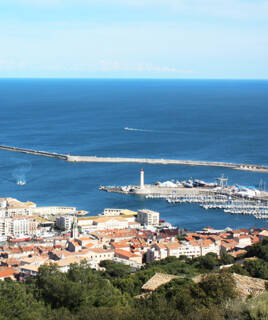 Le littoral de Sète, visible depuis Frontignan, avec son port de plaisance rempli de bateaux, son phare et la mer Méditerranée s'étendant à l'horizon, sous un ciel bleu dégagé.