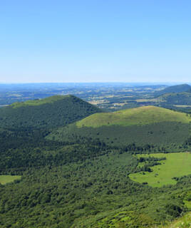 Une vue panoramique sur les collines verdoyantes et les forêts du Massif des Maures, près de Grimaud, s'étendant à perte de vue sous un ciel bleu clair.