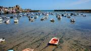 Le port de Barfleur dans la Manche à marée basse, révélant de nombreux bateaux de pêche et de plaisance échoués sur le sable, avec le village en arrière-plan sous un ciel bleu.