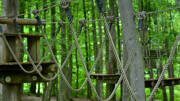 Un parcours acrobatique dans les arbres avec des cordes et des plateformes en bois, situé au Parc de l'Aventure à Montalivet, au cœur d'une forêt verdoyante.