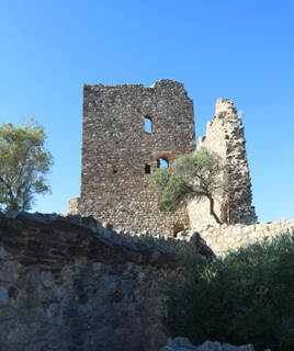 Les ruines du Château de Grimaud, près de Port Grimaud, une forteresse médiévale en pierre partiellement effondrée, se dressant sous un ciel bleu dégagé, avec de la végétation poussant à travers les pierres.