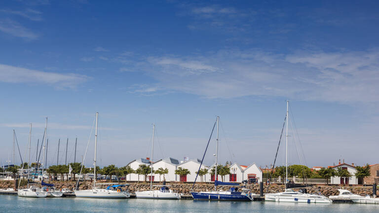 Le port de plaisance de Saint-Gilles-Croix-de-Vie, avec de nombreux voiliers amarrés et des bâtiments blancs aux toits rouges bordant le quai, sous un ciel bleu éclatant.