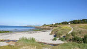 Vaste plage de sable, bordée de dunes verdoyantes et de quelques maisons, avec l'océan calme s'étendant à l'horizon sous un ciel bleu clair.