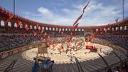 Grand stade du Puy du Fou, près de Saint-Hilaire-de-Riez, lors d'une reconstitution historique avec des drapeaux rouges flottant, des chevaux et des acteurs en costumes d'époque.