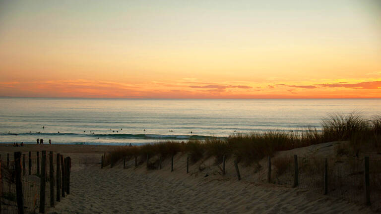 La plage des Bourdaines à Seignosse, au coucher du soleil, avec des surfeurs dans l'océan et des dunes herbeuses au premier plan sous un ciel orangé.