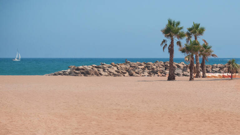 La plage de Valras-Plage, avec son sable doré, des palmiers, une digue rocheuse et la mer Méditerranée avec un voilier lointain sous un ciel bleu clair.