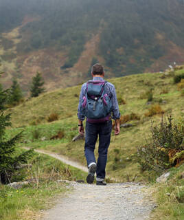Un randonneur de dos, portant un sac à dos, marchant sur un sentier de montagne dans les Vosges, avec un paysage vallonné en arrière-plan.
